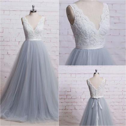 Long Grey Formal Dresses Featuring Lace Bodice..