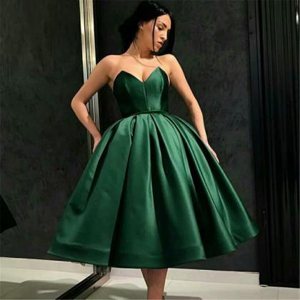 Dark Green Satin Tea Length Prom Dress ,..