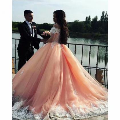 New Coral Lace Applique Ball Gown P..