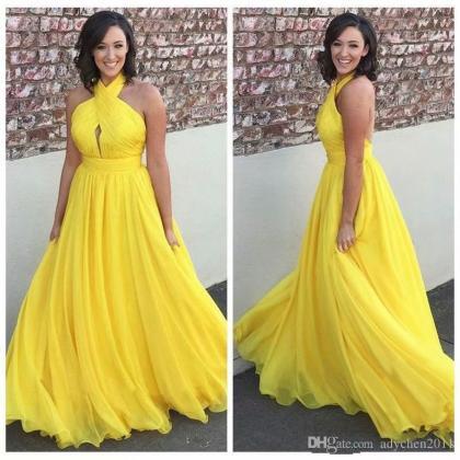 Evening Gowns Yellow Halter Prom Dresses, Prom..