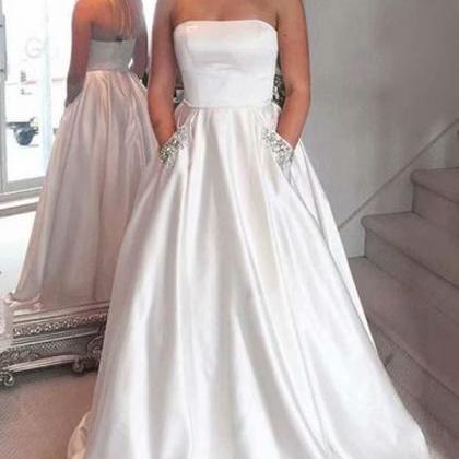 2019 White Strapless A-line Prom Dresses, Prom..