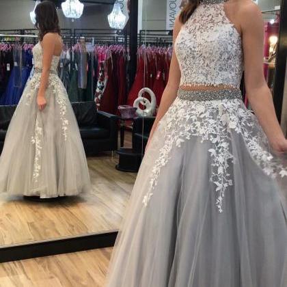 Grey Prom Gowns Two Piece A-line Prom Dresses,..