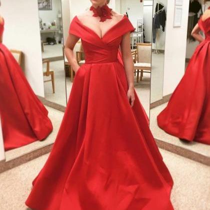 Red Evening Formal Gowns V Neck A-line Prom..