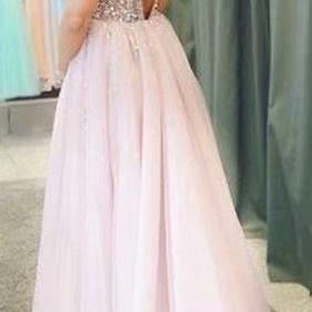 Beaded Pink Beading A-line V Neck Prom Dresses,..