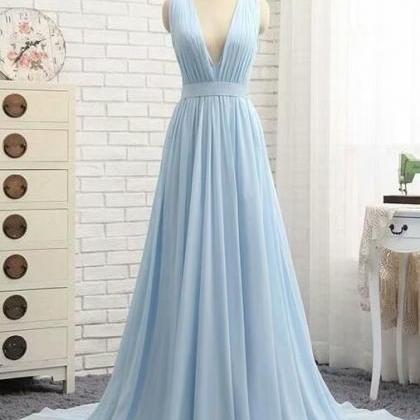 Long Light Blue Chiffon Prom Dresses, Prom..