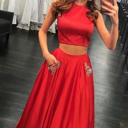 Red Two Piece A-line Prom Dresses With Pockets,..