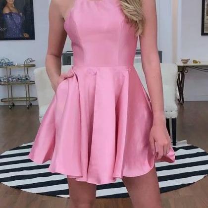 Halter Pink Short Prom Gowns Satin Homecoming..