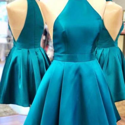 2019 Halter Turquoise Satin Homecoming Dresses..
