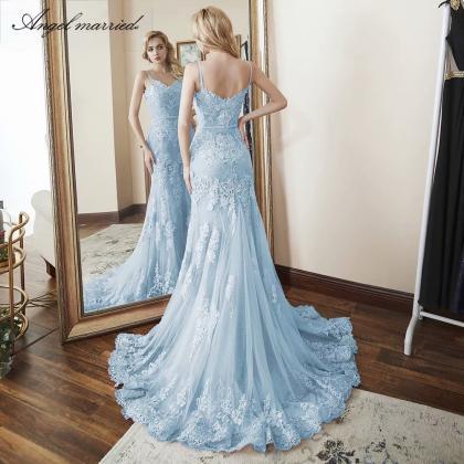 Light Blue Prom Gowns Mermaid Lace Prom Dress,v..