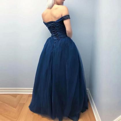 Off The Shoulder Navy Blue Tulle Prom..
