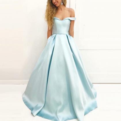 Off Shoulder Light Blue Satin Prom Dress,long..