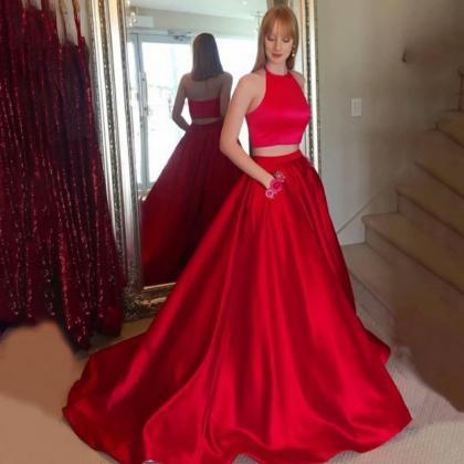 Hater Red Satin Prom Dress With Pockets,long..