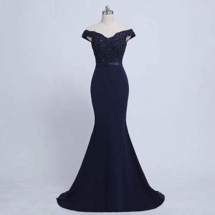 Applique Prom Dresses 2019 Off Shoulder Navy Blue..