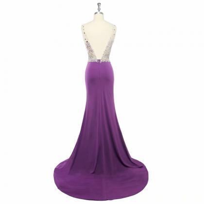 2019 Charming V Neck Sparkly Purple Prom Dresses..