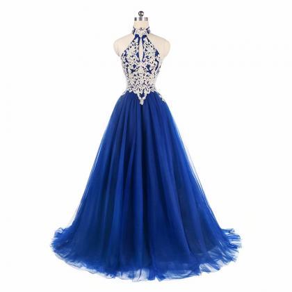 Halter Prom Dresses 2019 Blue Tulle Sweep Train..