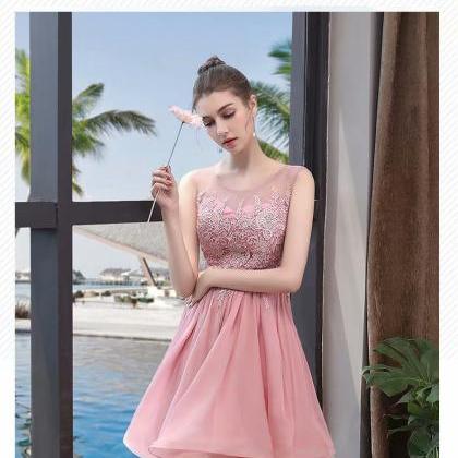 Women Pink Short Prom Dresses 2019 Sexy Sheer Neck..