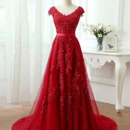 Red V Neck Tulle Prom Dress , Evening Dress ,..