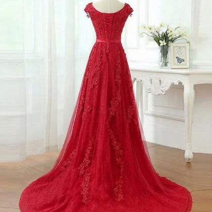 Red V Neck Tulle Prom Dress , Evening Dress ,..