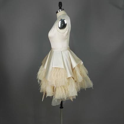 Champagne Satin Homecoming Dresses With Jewel..