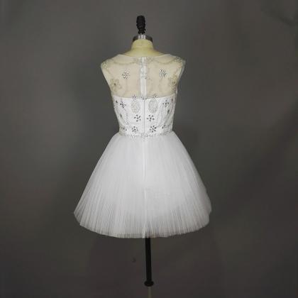 White Crystal Short Prom Dresses With Ruched Skirt..