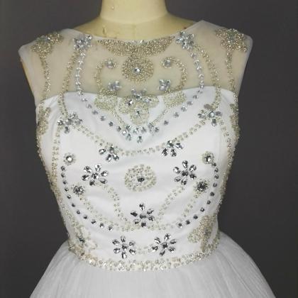 White Crystal Short Prom Dresses With Ruched Skirt..