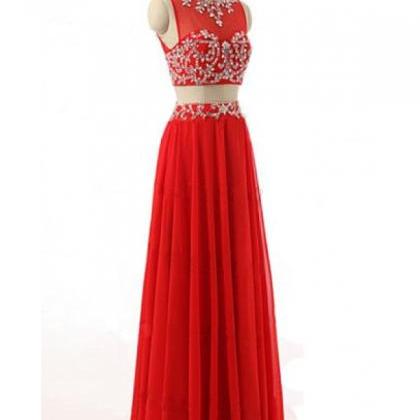 Red Two Piece Prom Dresses Illusion Neckline..