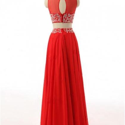 Red Two Piece Prom Dresses Illusion Neckline..