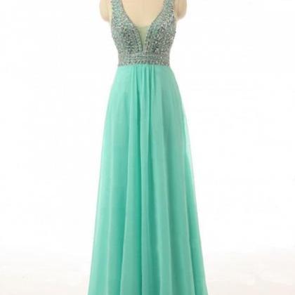 Beaded Turquoise Prom Dresses Floor Length V Neck..