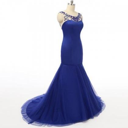 Sexy Mermaid Royal Blue Prom Dresses Sheer Neck..