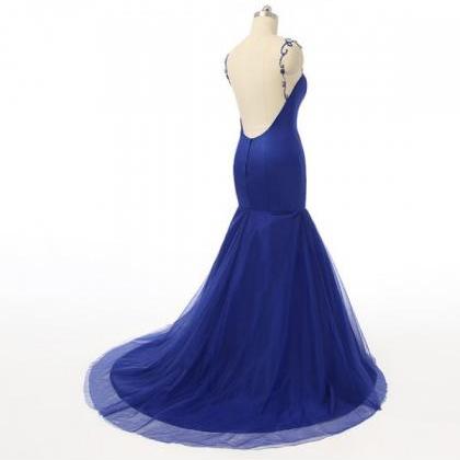 Sexy Mermaid Royal Blue Prom Dresses Sheer Neck..
