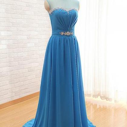 2016 Long Sky Blue Prom Gowns Beaded Neckline..