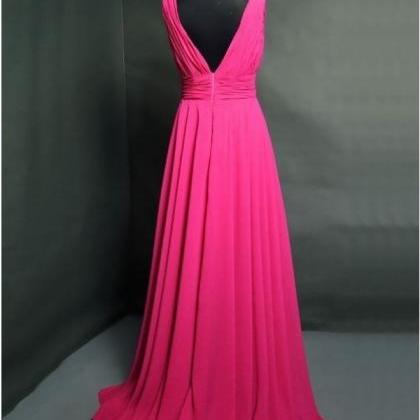 Pink V Neck Chiffon A Line Prom Dresses With..