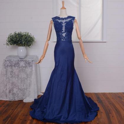 Navy Blue Mermaid Prom Gowns With Illusion Jewel..