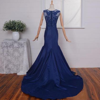 Navy Blue Mermaid Prom Gowns With Illusion Jewel..