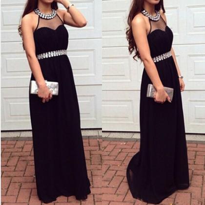 Fashion Halter Black Prom Dresses With Illusion..