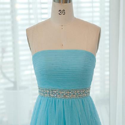 Strapless Blue Prom Dresses With Beaded Waistline..