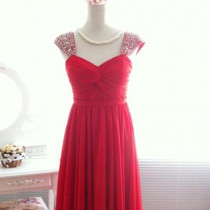 Inspired Cap Sleeve Chiffon Prom Gowns Long Red..