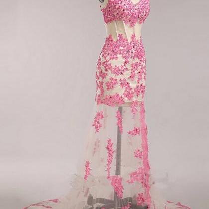 Charming Pink Mermaid Formal Dresses Lace..