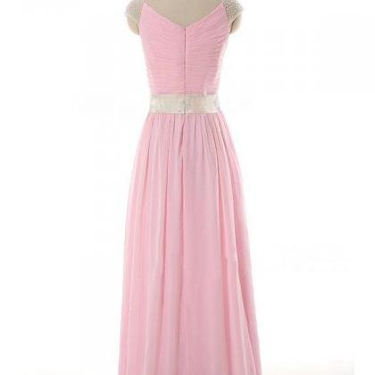 Pink Beaded Cap Sleeve Chiffon Bridesmaid Dresses,..