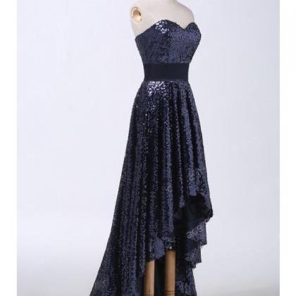 Navy Blue Sweetheart Sequined High-low Prom Dress,..