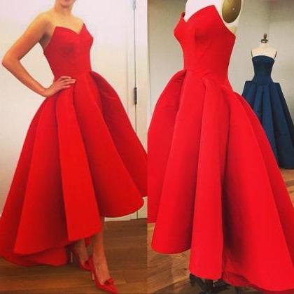 High Low Red Prom Gowns, Floor Length V Neck Satin..