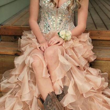 Sarkly High Low Champagne Prom Gowns Organza..