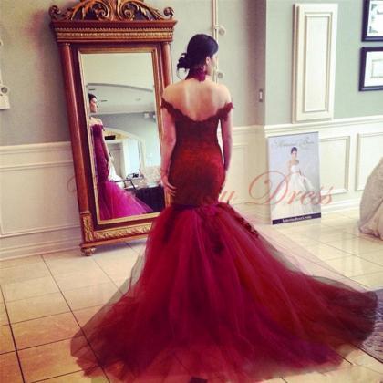 Stunning Burgundy Lace Mermaid Prom Dresses Long..