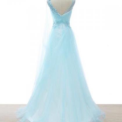 Lace Appliqué Light Blue Prom Dresses Featuring V..