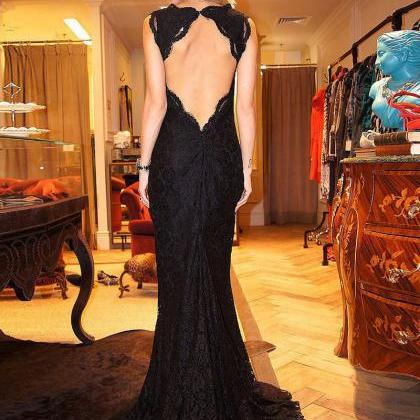Sexy V Neck Lace Trumpet Black Prom Dresses With..