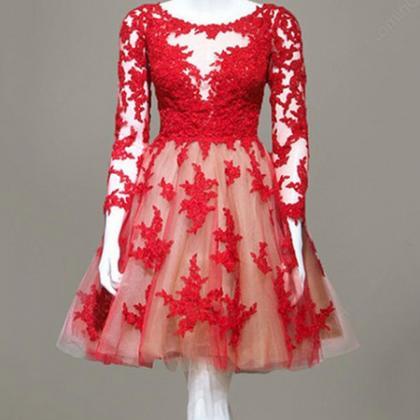 Red Lace Appliqués Tulle Short Prom Dresses..
