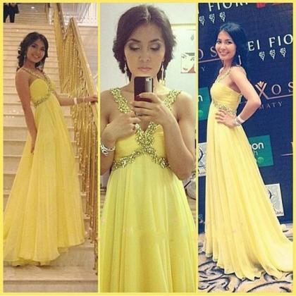Elegant Beaded Empire Formal Dresses Yellow..