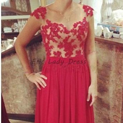 Red Lace Appliqué Cap Sleeve Chiffon A Line Prom..
