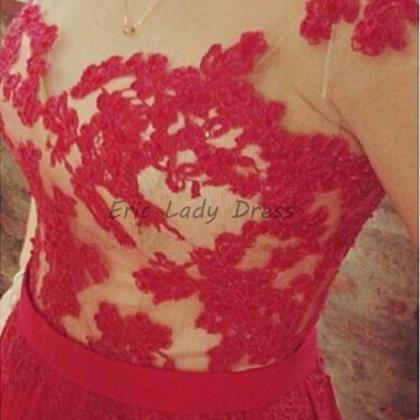 Red Lace Appliqué Cap Sleeve Chiffon A Line Prom..