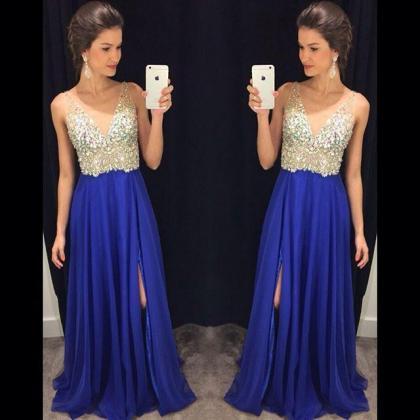 Elegant Long Royal Blue Chiffon Prom Dresses..